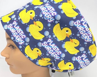 Women's Funny Plastic Surgery Euro Scrub Cap, Blue Surgical Hat  With Ducks And Bubbles, Plastics