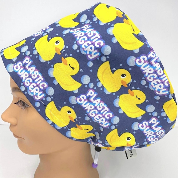 Women's Funny Plastic Surgery Euro Scrub Cap, Blue Surgical Hat  With Ducks And Bubbles, Plastics