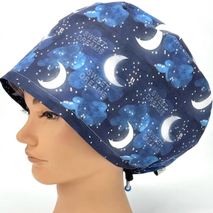 Cute Anesthesia Scrub Cap Women's Navy Blue Euro Surgical Hat With Clouds, Moon, Stars Noting Sweet Dreaming For Healthcare Worker, Quinnley
