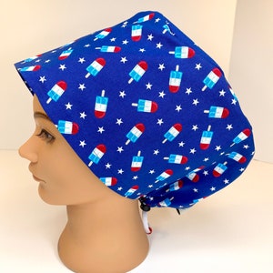 Summer, Women's Blue Red White Euro Fit Scrub Cap, Surgical Hat