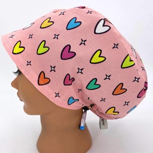 Different size NOT available, Women's Valentines Peachy Colorful Hearts Euro Scrub Cap, Operating Room Surgical Hat, Fancied