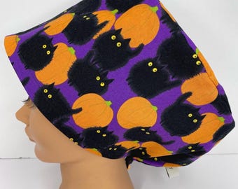 Halloween Scrub Cap, Women's Euro Purple Medical Surgical Hat, Head Covering, Healthcare Gift Idea, Surgical Attire, Pumpkin Cat 1
