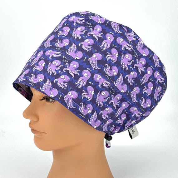 Cute Purple Womens Euro Scrub Cap Funny Octopus Surgical Hat For Medical Professionals, Octopi A Swimming