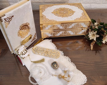 Corano in velluto personalizzato con scatola speciale Luxry Set regalo di nozze islamico Bomboniere del Corano, set regalo di preghiera arredamento islamico