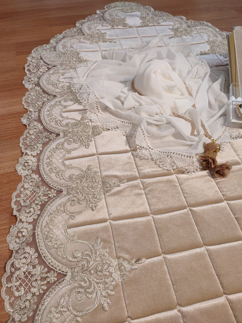Luxry Hand Made Lace Trim Prayer Rug Set | Islamic Gift, Sejadah - Etsy