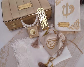 Personalized Velvet Quran Gift Set | Islamic Prayer Mat, Rosary & Scarf
