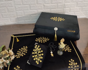 Embroidered Islamic Prayer Rug Set, Velvet Coated Wooden Box, Quran