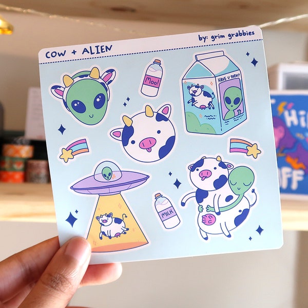 Mini Cow & Alien Sticker Sheet | UFO Friends Cute Kawaii Moo Milk and Stars Space Weatherproof Matte Stickers