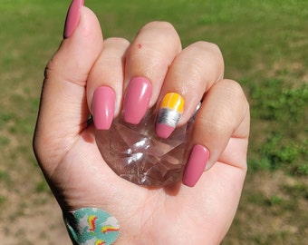 Paper-Mate Pink Set | Press On Nails | Eraser Inspired | No.2 Pencil | Simple Nail Art