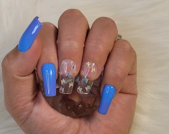 Glow and Fly Set | Press On Nails | Glow in the Dark | Butterfly Glitter | Ombre Nails