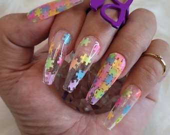 Puzzle Time | Press On Nails | Clear Nails | Puzzle Piece Glitter | Glitter Placement