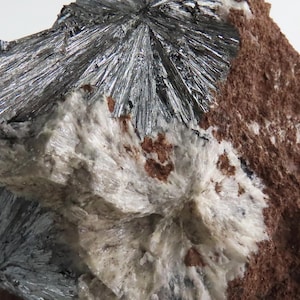 May include: Close-up of a mineral specimen featuring radiating, metallic, silver-gray crystals. The crystals are set against a backdrop of white and reddish-brown rock, showcasing natural geological formations.
