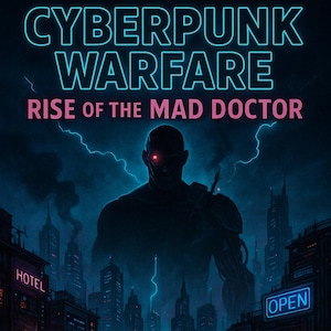 May include: A digital illustration for a roleplaying game campaign starter titled "Cyberpunk Warfare: Rise of the Mad Doctor." The image features a futuristic cityscape with neon signs, a silhouetted figure, and lightning.