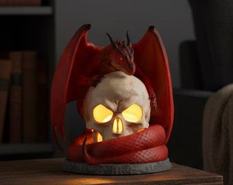 Lámpara de Dragón de Fuego Cráneo – Lámpara de Noche de Dragón Rojo / Decoración de Escritorio y Mesita de Noche de Fantasía