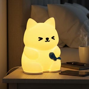 PurrGlow Cat Lamp, Warm Glow Bedside Decor, Plug In Table Accent