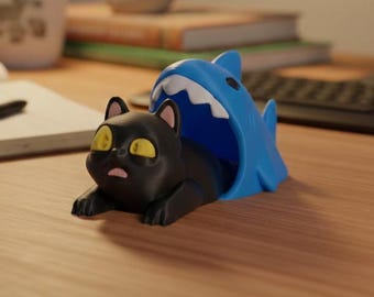Decoración de escritorio para gatos: figura de gatito mordido por un tiburón, divertida colección