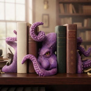 Puede incluir: Un sujetalibros de pulpo morado con una superficie texturizada y ventosas visibles en sus tentáculos. El pulpo está colocado entre dos grupos de libros de tapa dura, con la cabeza y los tentáculos extendidos hacia afuera para sujetarlos.