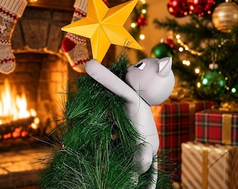 Cat Tree Topper with Playful Cat Reaching for Star, Holiday Decor