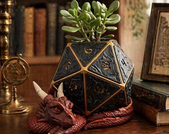Sleeping Dragon D20 Succulent Pot, Fantasy RPG Desk Planter, Tabletop Dice Decor