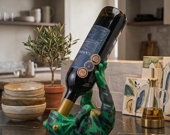 Wine Bottle Holder, Green Frog Countertop Bar Display, Kitchen Decor