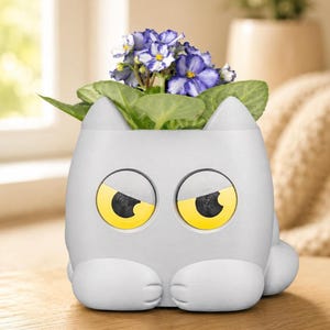 Cat Planter with Changing Expression, Pouty Kitty Plant Pot for Small Indoor
