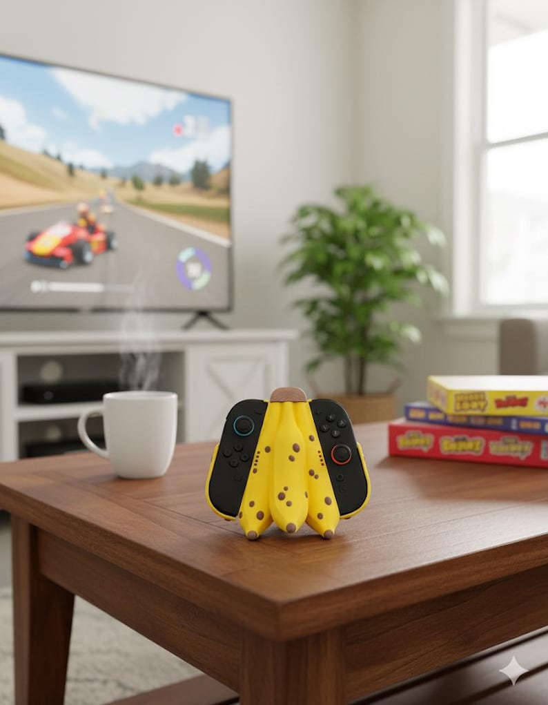 May include: A unique yellow banana-shaped video game controller with black buttons and a brown tip sits on a wooden coffee table. The controller is next to a white mug and a television playing a racing game.