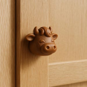 Puede incluir: Un tirador de armario con forma de vaca marrón con una cara sonriente, fijado a una puerta de armario de madera de color claro. El tirador tiene un diseño detallado, incluyendo cuernos, orejas y una superficie texturizada. Este tirador decorativo añade un toque lúdico a los muebles.