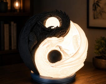 Yin Yang Dragon Lamp, Black and White Fantasy Decor, Glowing Mythical Accent Light