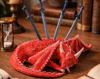 Red Dragon Sword Bookmark Set, Fantasy Reader Gift with Holder