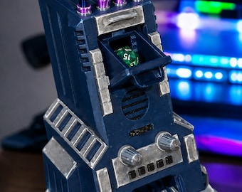 Torre de dados con panel de control azul, accesorio para juegos de rol de ciencia ficción, decoración para juegos de mesa.