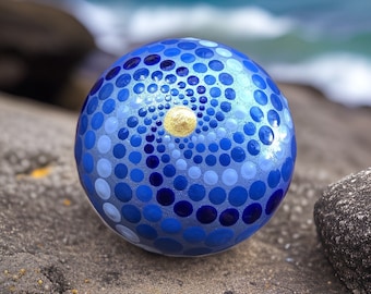 Handmade~Artfully Designed~Dot Painted Blue Spiral Round Mandala Rock