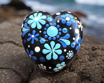 Handmade Blue Mandala Dot Heart Rock - Artisan-Crafted Design - Decorative Stone for Home or Gift