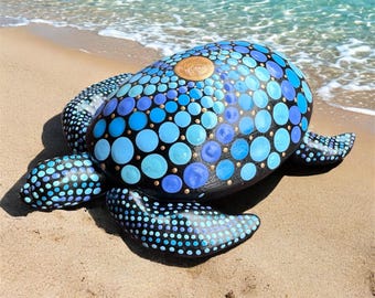 Handmade Blue Mandala Dot Painted Turtle Figurine
