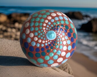 Handmade~Artfully Designed~Dot Painted Spiral Round Mandala Rock