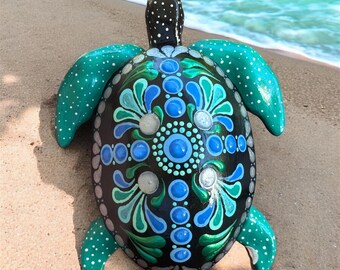 Handmade Blue Green Mandala Dot Painted Turtle Figurine