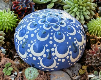 Handmade Blue Mandala Heart Rock: Decorative Painted Stone
