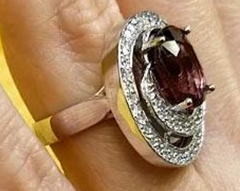 Red Tourmaline Round 6 Carat with 1 Carat Natural Diamonds in a circle around it on 14K Solid White Gold. High Polish 14K White gold