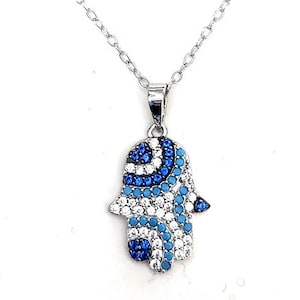 3-Color Hamsa Pendant with Chain | Charm Necklace 925 Silver Khamsa Necklace | Tourquise, Blue and White Rhinestones | 16&quot; or 18&quot; Chain Art