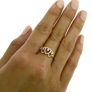 Zierliche Herzförmige 2ton 14K Gold CZ Stein Ring | Gelb und Weiß 14K Massivgold | Zarte Multi Heart Ring / Trendy Heart Stacking Ring
