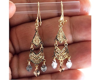 Gypsy Style Earrings Solid 14K Gold Dangling Chandelier Filigree India Daisy-Traditional Mexican Artisanal 3Color Hearts arracadas mexicanas