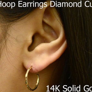 Hoop Earring with Diamond Cut 14K Yellow Solid Gold / 14kt  Lightweight Hoops / Delicate / Snap Closure Thick Gold Hoop Earrings 14k Solid