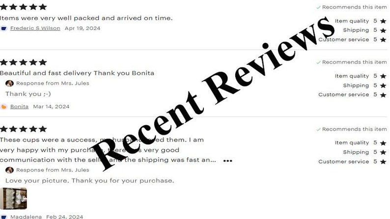 May include: Three customer reviews for a product, each with a five-star rating and a comment. The first review says "Items were very well packed and arrived on time." The second review says "Beautiful and fast delivery Thank you Bonita." The third review says "These cups were a success, my husband loved them. I am very happy with my purchase. There is very good communication with the seller and the shipping was fast an... Love your picture. Thank you for your purchase."