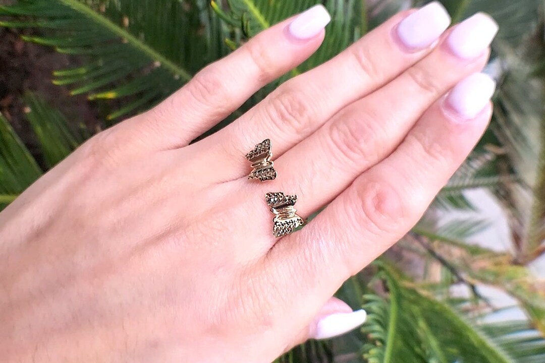 Double Butterfly Diamond Cut Blink Blink Ring 14K Yellow Gold Dainty