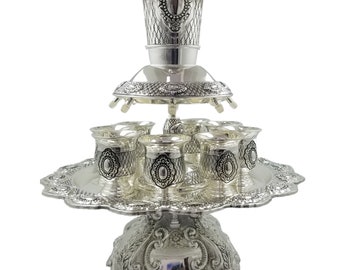 Vintage Shabbat Wine Fountain Kiddush 8 Cup Goblet Set, Silver Plated Judaica Gift Jewish Passover Gift Sabbath Table Décor BRAND NEW Kosher