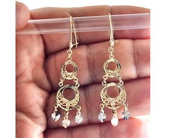 Gypsy Style Earrings Solid 14K Gold Dangling Chandelier Filigree Butterfly India Daisy-Traditional Mexican Artisanal Earrings Circular Flora