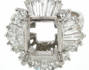 14k White Gold Ballerina Diamond Ring Setting 1.96 TCW Baguettes with Center ready for Princess Cut Mounting 8x8 mm