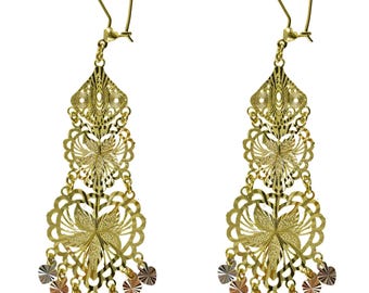Gypsy Style Earrings Solid 14K Gold Dangling Chandelier Filigree Butterfly India Daisy-Traditional Mexican Artisanal Earrings Circular Flora