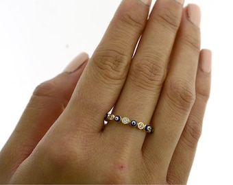 イーヴィルアイ ハムサ リング ネイビー エナメル ソリッド 14K イエローゴールド / 繊細で可憐なイーヴィルアイ リング / トレンディなスタッキングリング / 14Kt ソリッドゴールド イーヴィルアイ