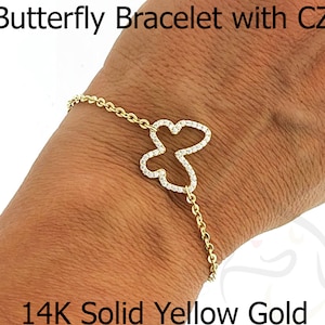 Pulseira de borboleta em ouro amarelo maciço 14K / Pulseira com pingente de borboleta em ouro 14K / Pulseira de borboleta em camadas delicadas / CZ em borboleta