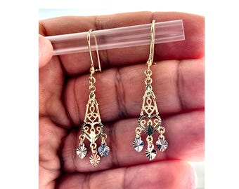Gypsy Style Earrings Solid 14K Gold Dangling Chandelier Filigree Butterfly India Daisy-Traditional Mexican Artisanal Earrings Circular Flora